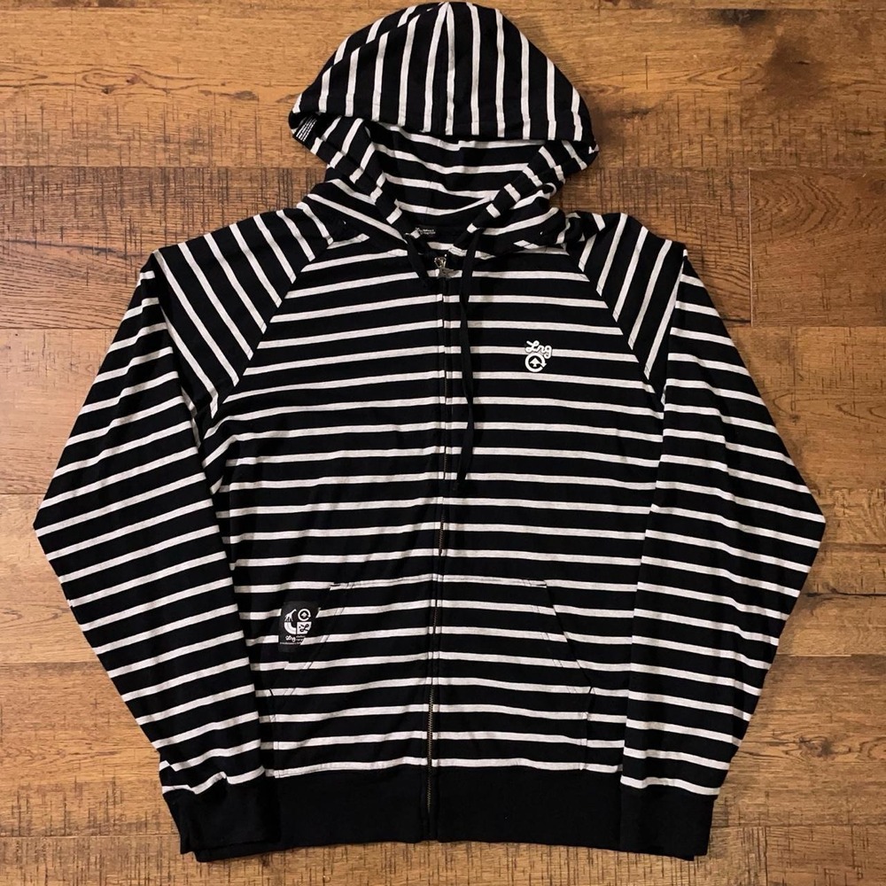 LRG Zip Up Hoodie Womens 2XL Black White Striped Y2K Skater Grunge Lightweight